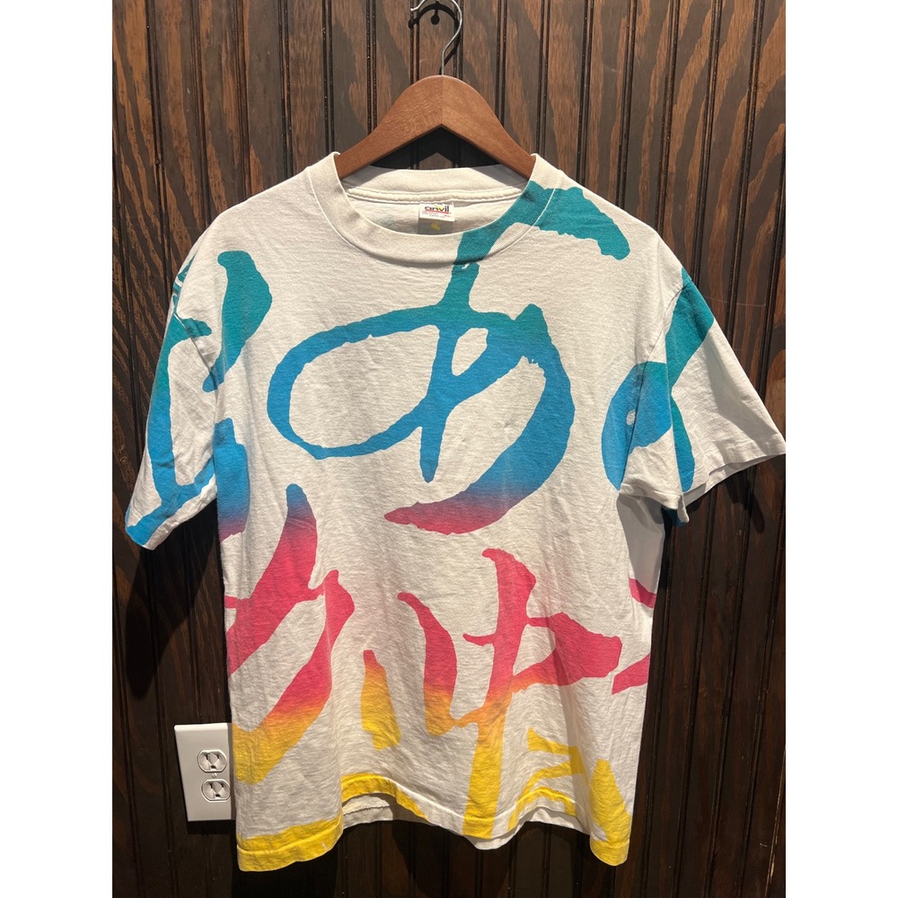 Vintage Anvil All Over Print Japanese Kanji Graphic T-Shirt White L 90s Art